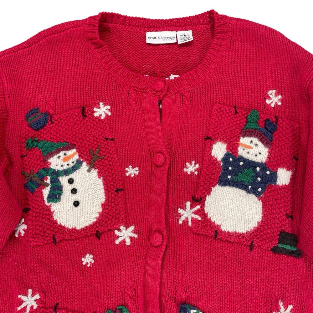 VTG Croft & Barrow Red Snowman Christmas Cardigan Sweater Sz XL Embroidered Fun - Picture 2 of 11